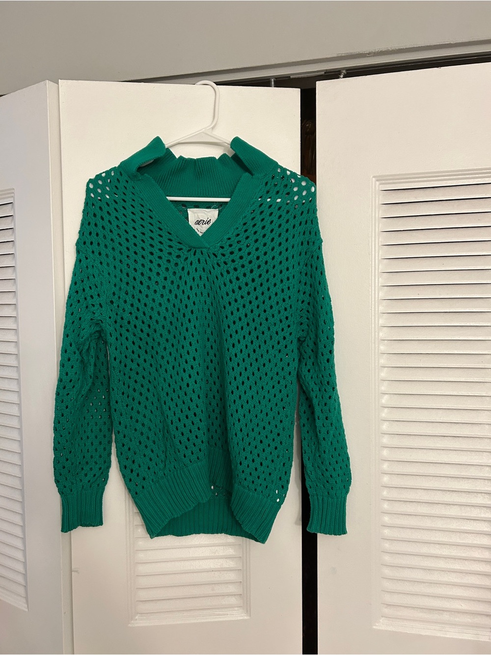 aerie Teal Green Open-Knit V-Neck Sweater